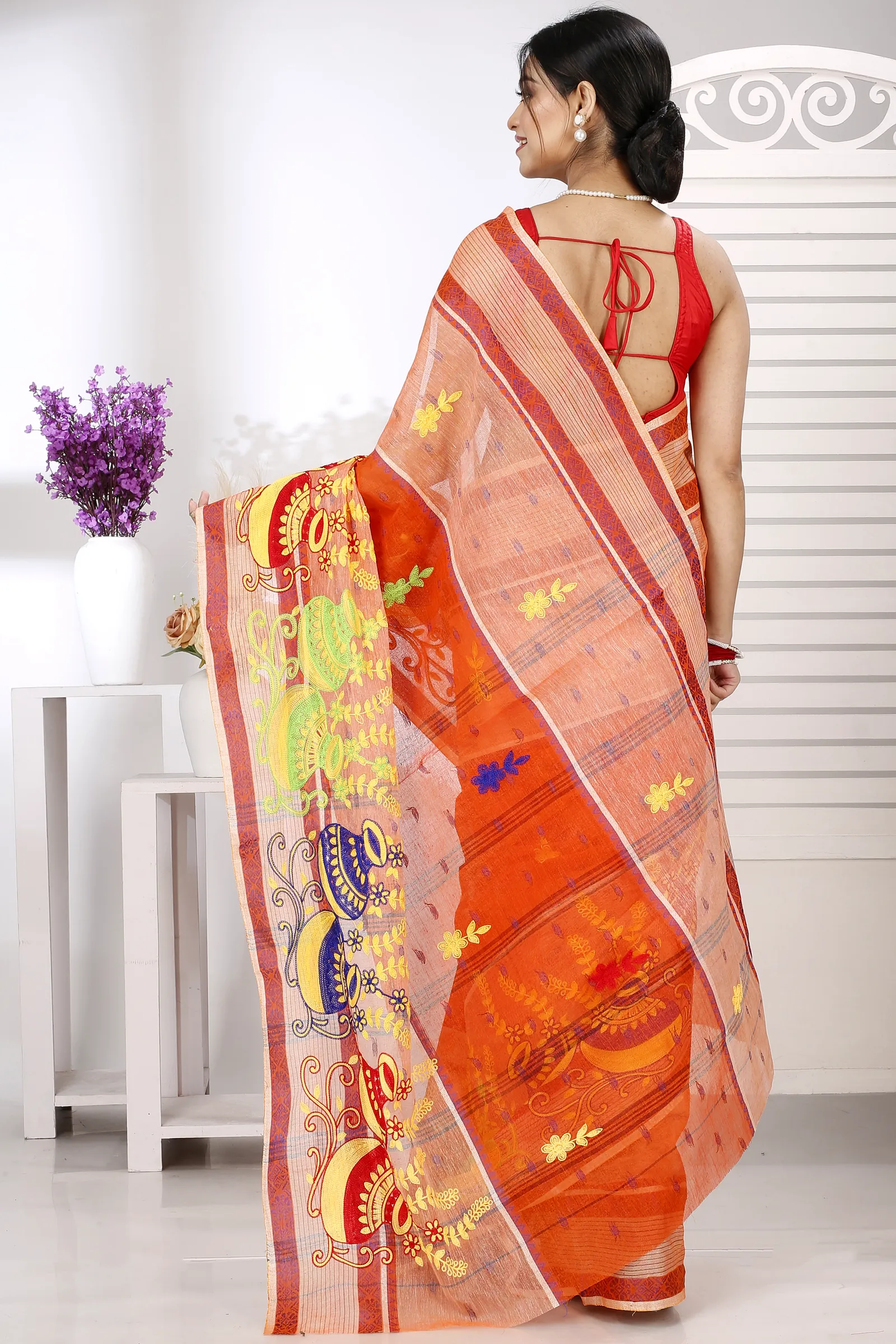 Orange Pure Cotton Embi Debdash Ghot Tant Embroidery (1500)