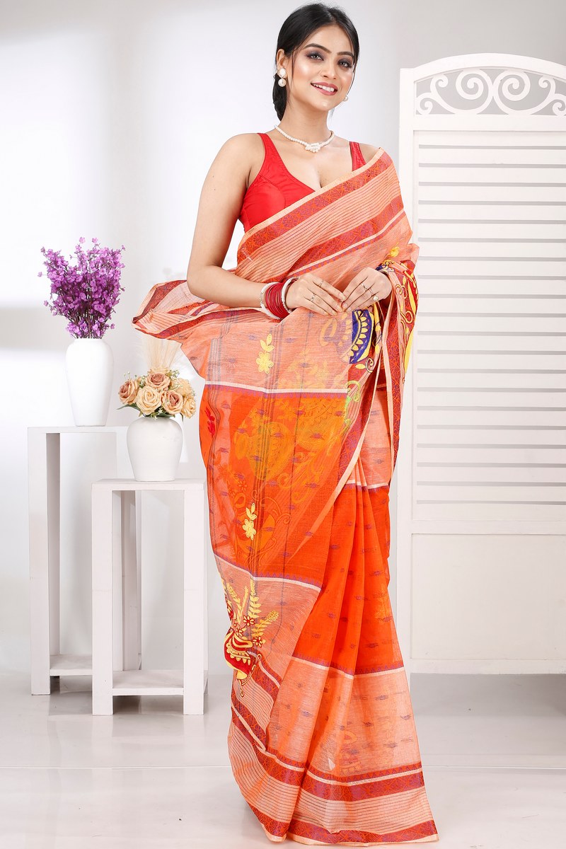 Orange Pure Cotton Embi Debdash Ghot Tant Embroidery (1500)