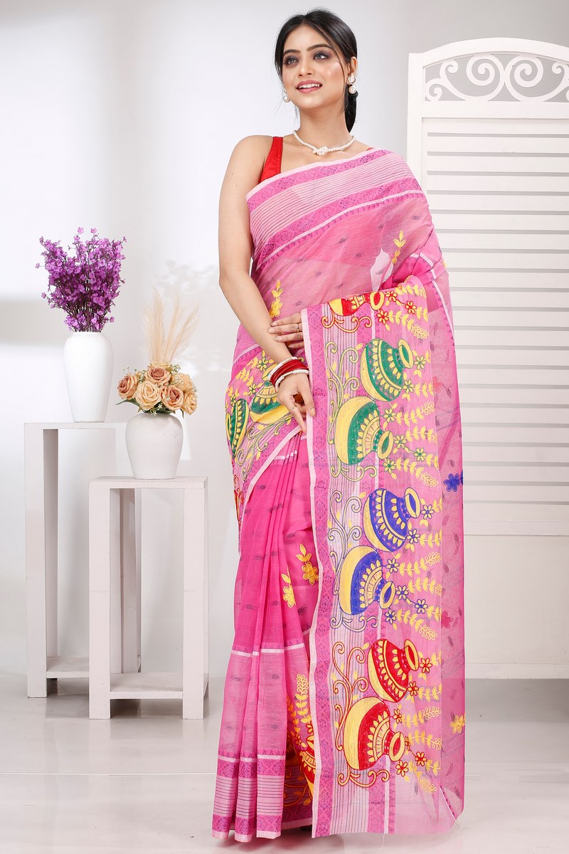 Pink Pure Cotton Embi Debdash Ghot Tant Embroidery (1501)