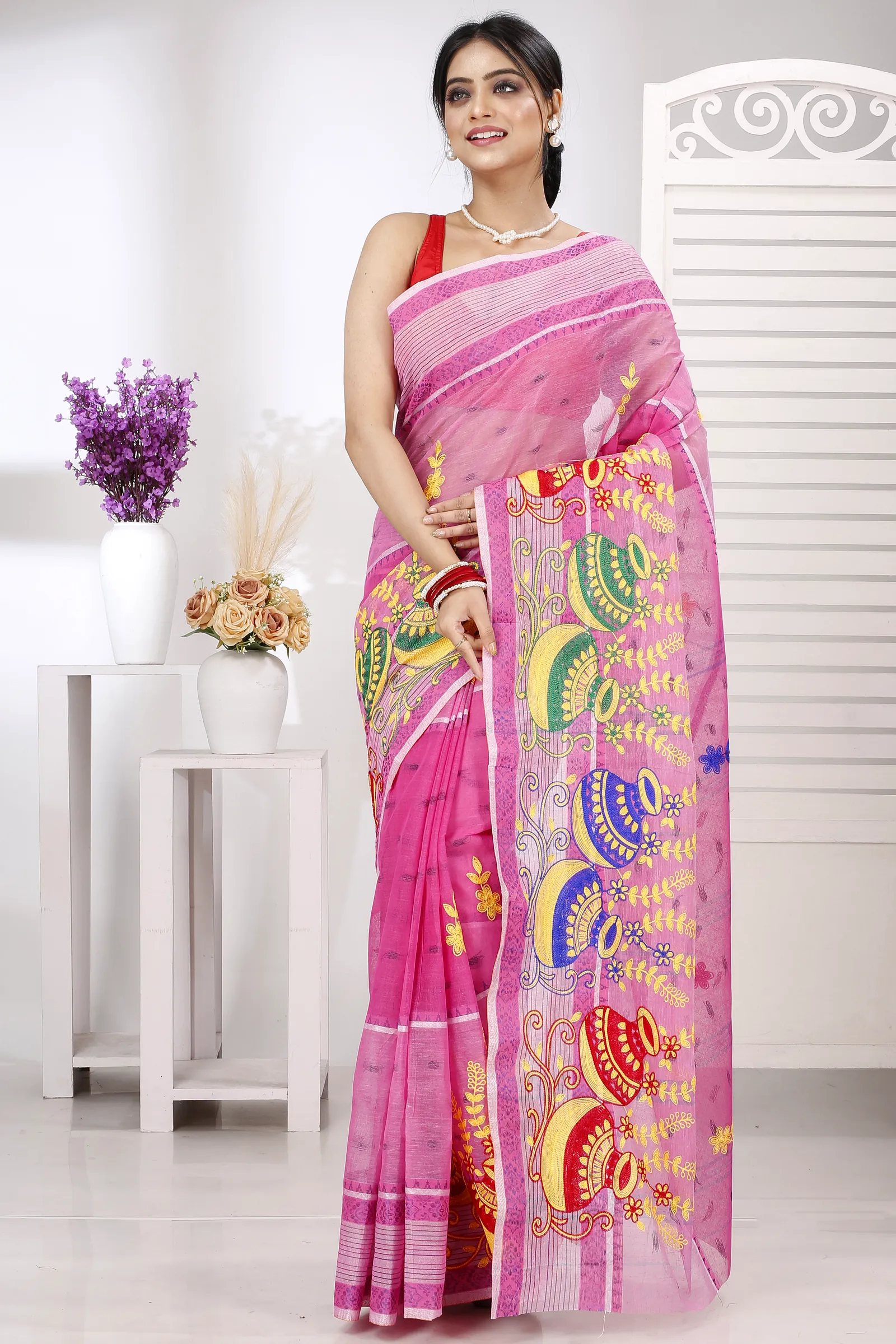 Pink Pure Cotton Embi Debdash Ghot Tant Embroidery (1501)