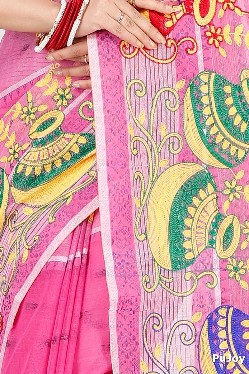 Pink Pure Cotton Embi Debdash Ghot Tant Embroidery (1501)