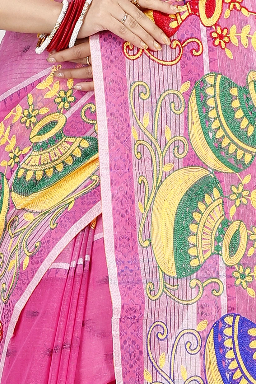 Pink Pure Cotton Embi Debdash Ghot Tant Embroidery (1501)
