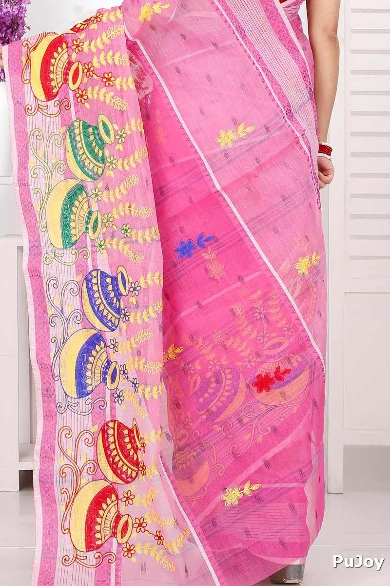 Pink Pure Cotton Embi Debdash Ghot Tant Embroidery (1501)