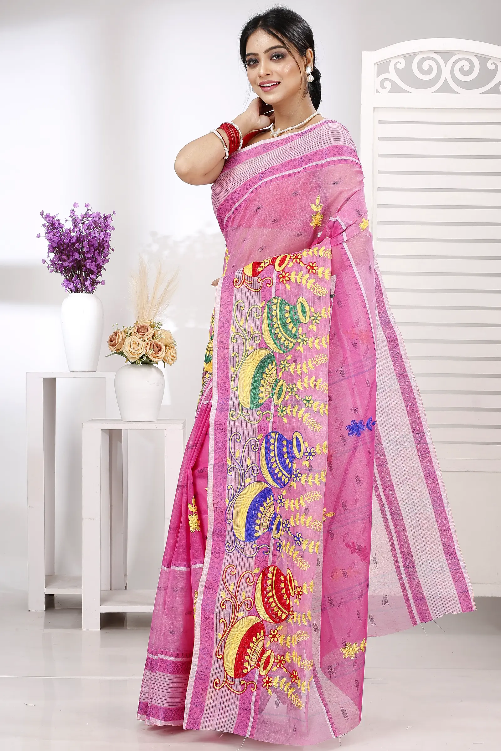 Pink Pure Cotton Embi Debdash Ghot Tant Embroidery (1501)