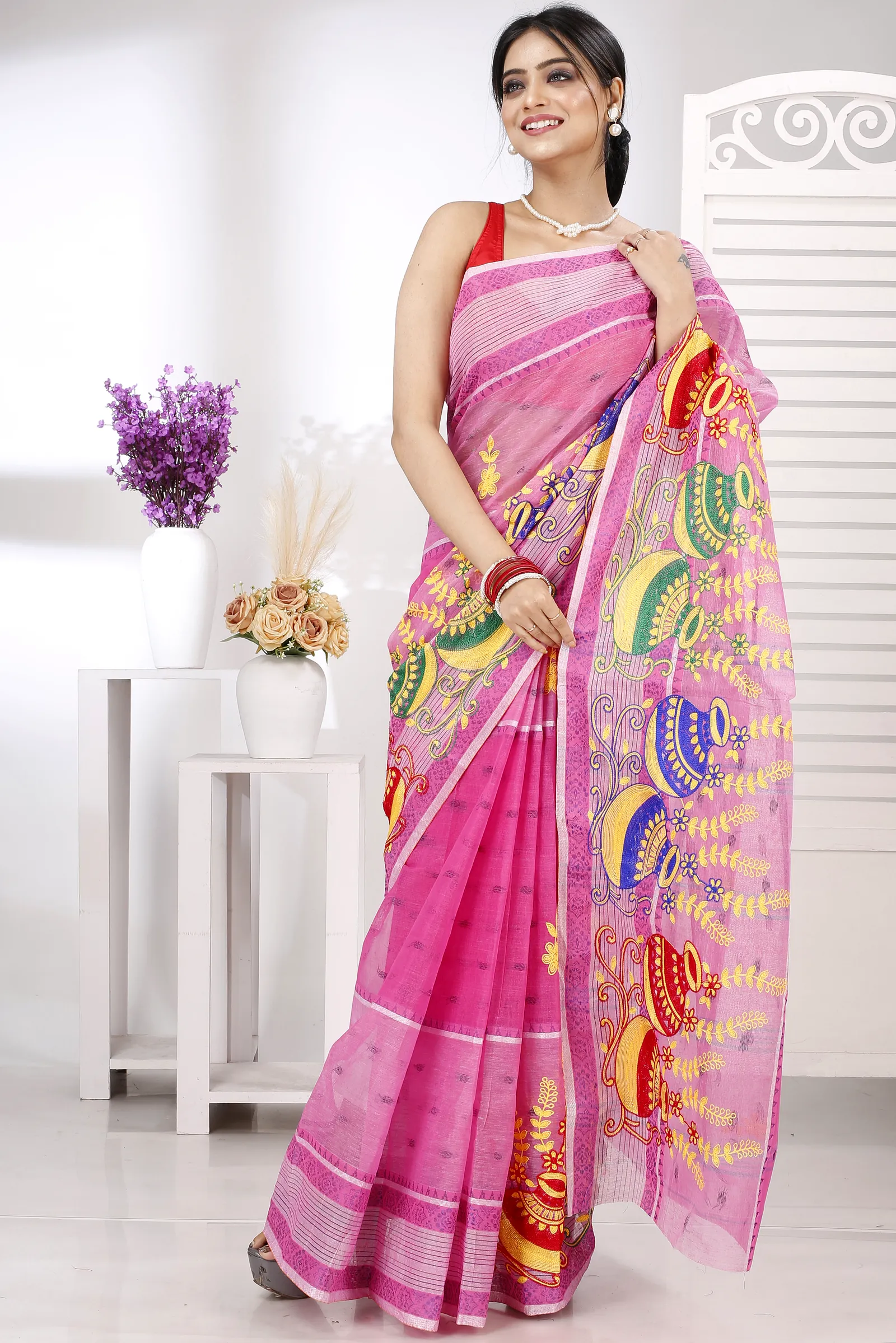 Pink Pure Cotton Embi Debdash Ghot Tant Embroidery (1501)