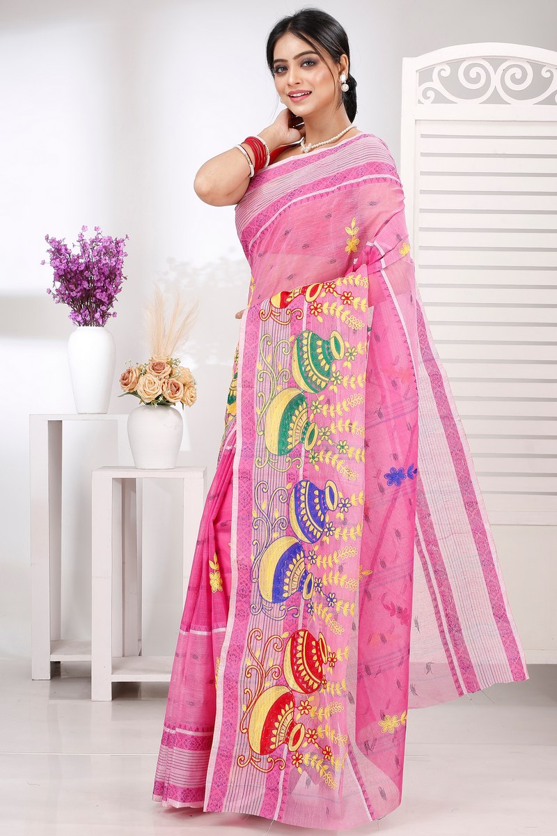 Pink Pure Cotton Embi Debdash Ghot Tant Embroidery (1501)