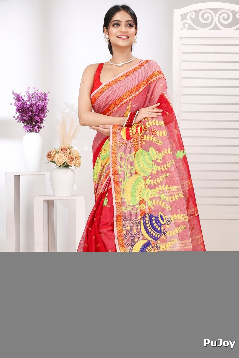 Red Pure Cotton Embi Debdash Ghot Tant Embroidery (1502)