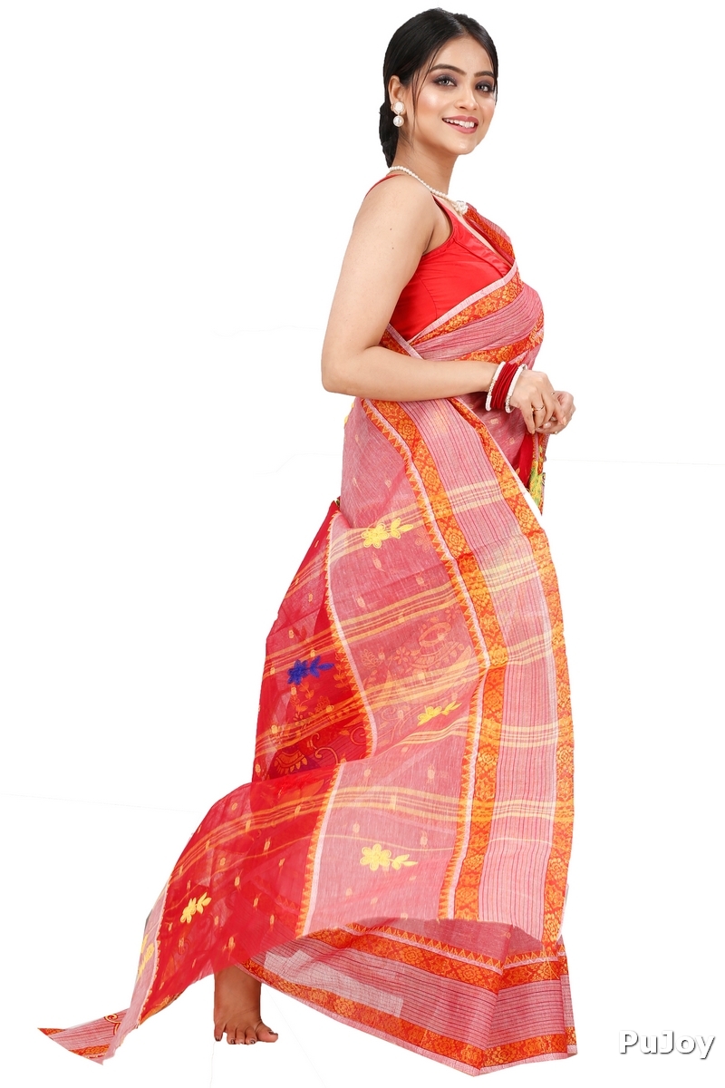 Red Pure Cotton Embi Debdash Ghot Tant Embroidery (1502)