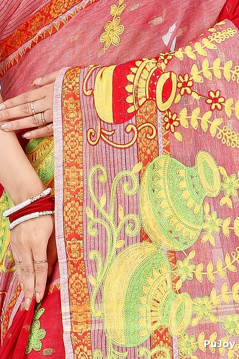 Red Pure Cotton Embi Debdash Ghot Tant Embroidery (1502)
