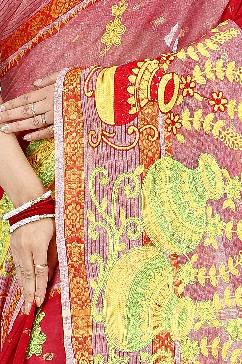 Red Pure Cotton Embi Debdash Ghot Tant Embroidery (1502)