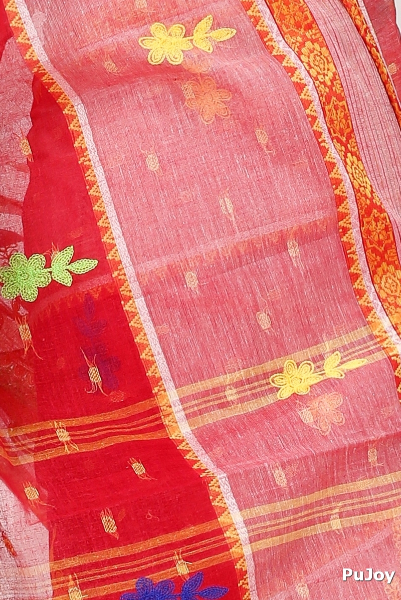 Red Pure Cotton Embi Debdash Ghot Tant Embroidery (1502)