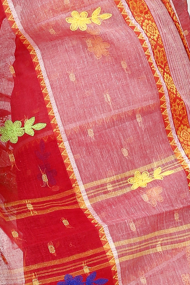 Red Pure Cotton Embi Debdash Ghot Tant Embroidery (1502)
