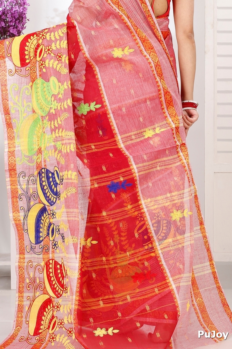Red Pure Cotton Embi Debdash Ghot Tant Embroidery (1502)