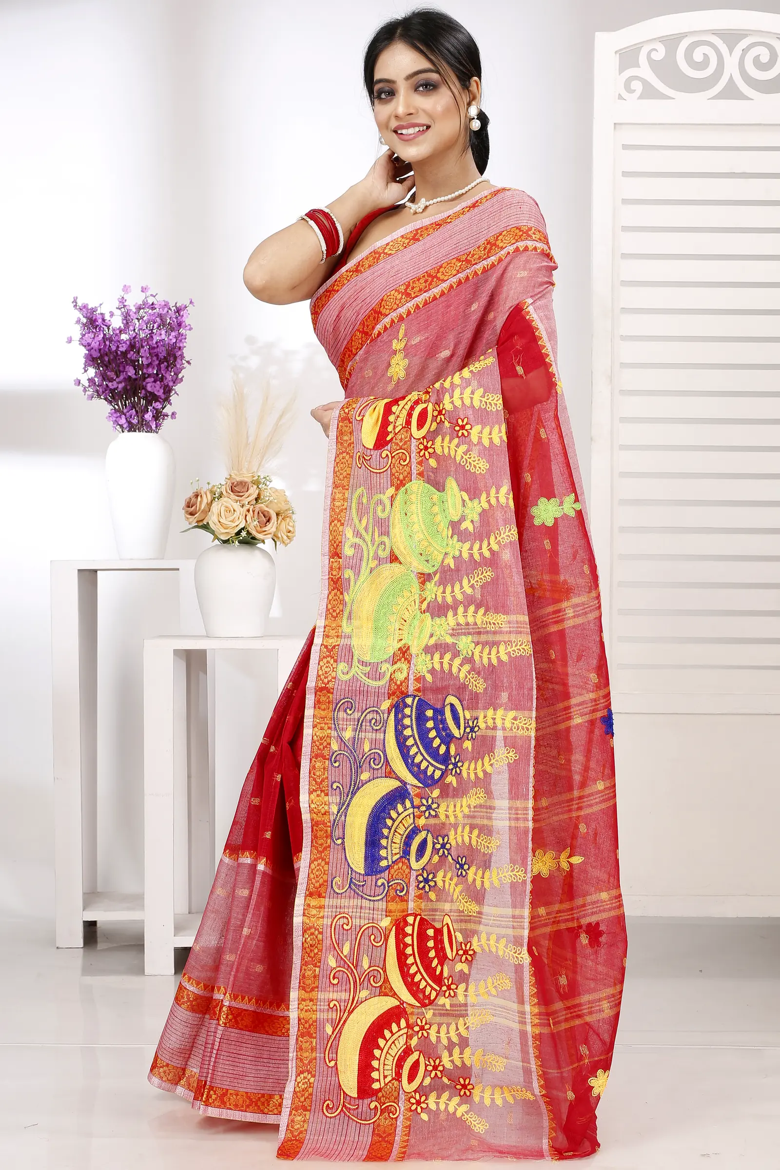 Red Pure Cotton Embi Debdash Ghot Tant Embroidery (1502)
