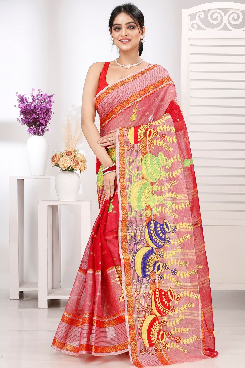 Red Pure Cotton Embi Debdash Ghot Tant Embroidery (1502)