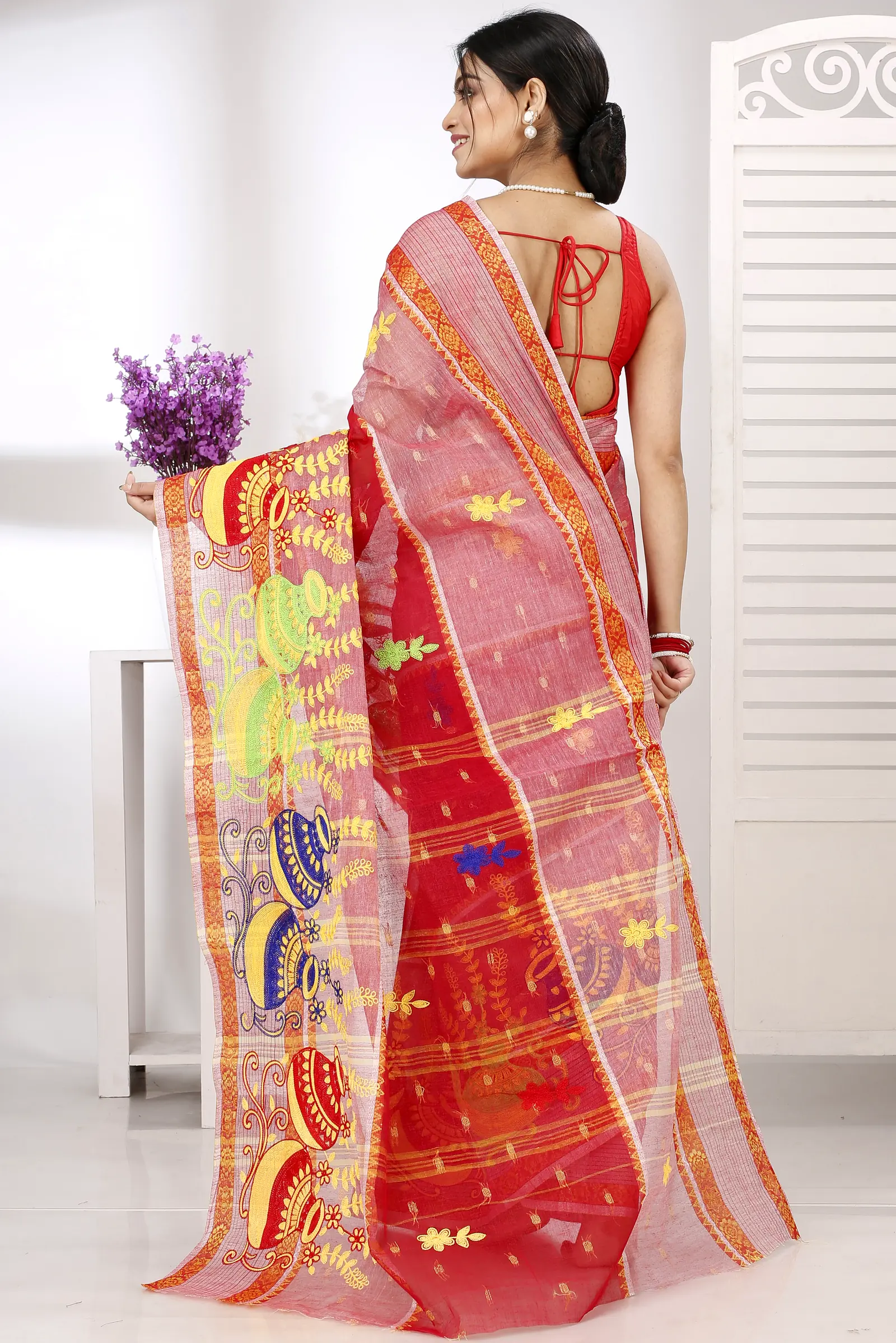 Red Pure Cotton Embi Debdash Ghot Tant Embroidery (1502)