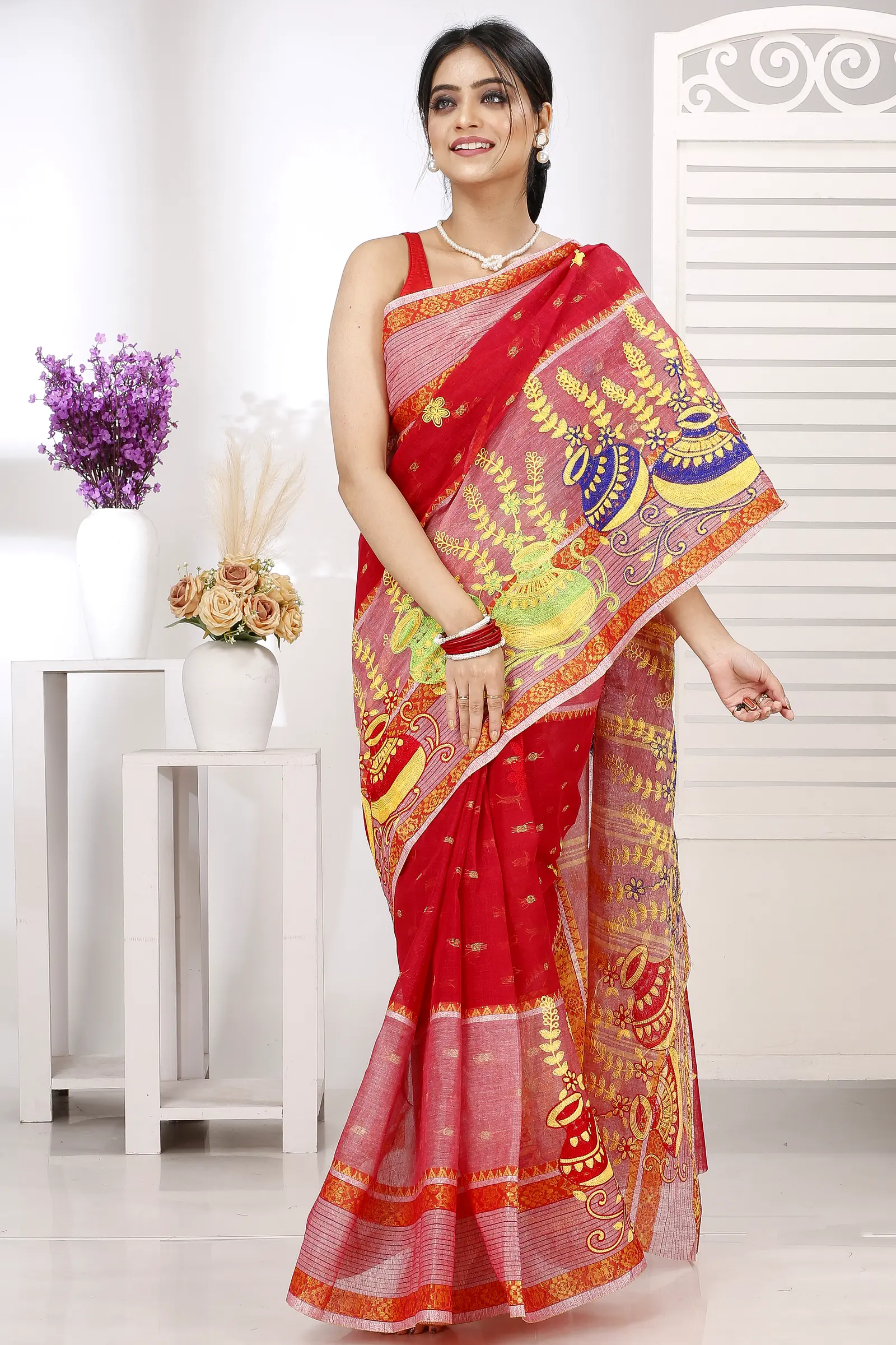 Red Pure Cotton Embi Debdash Ghot Tant Embroidery (1502)