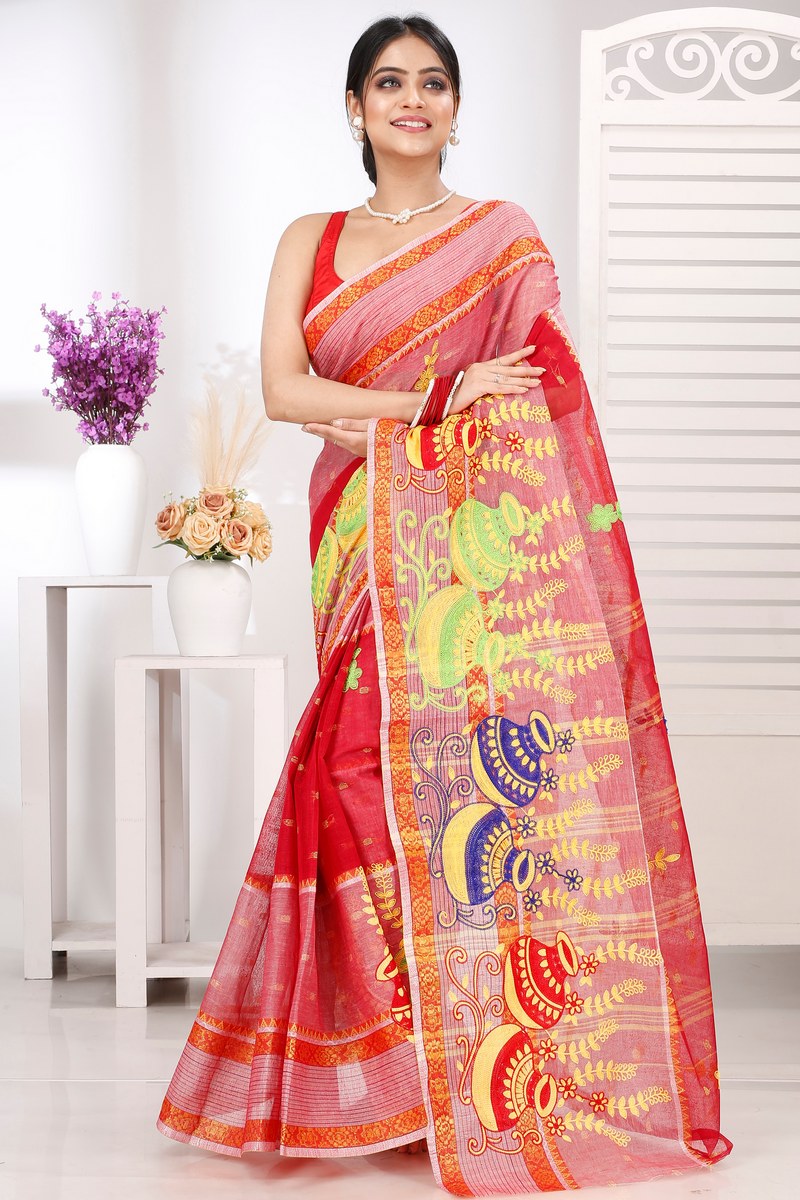 Red Pure Cotton Embi Debdash Ghot Tant Embroidery (1502)