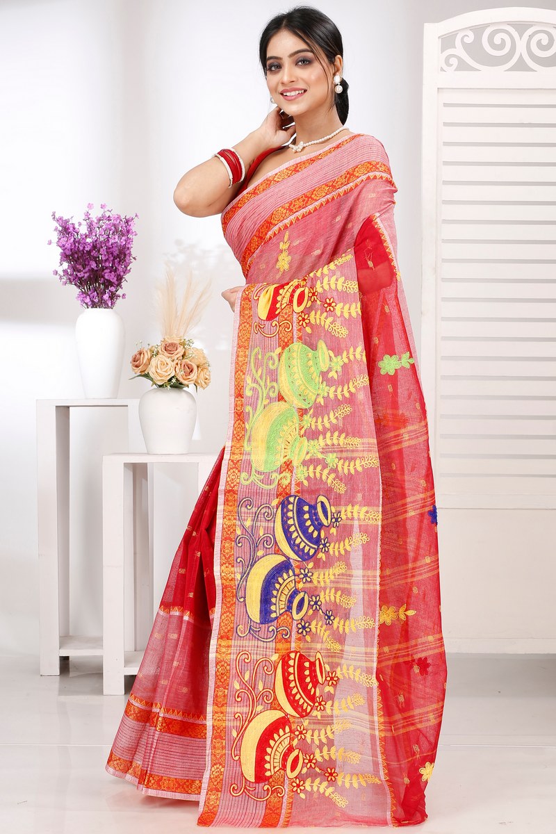 Red Pure Cotton Embi Debdash Ghot Tant Embroidery (1502)