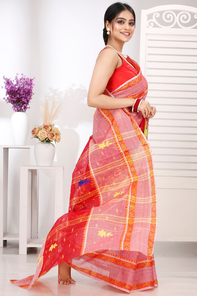 Red Pure Cotton Embi Debdash Ghot Tant Embroidery (1502)