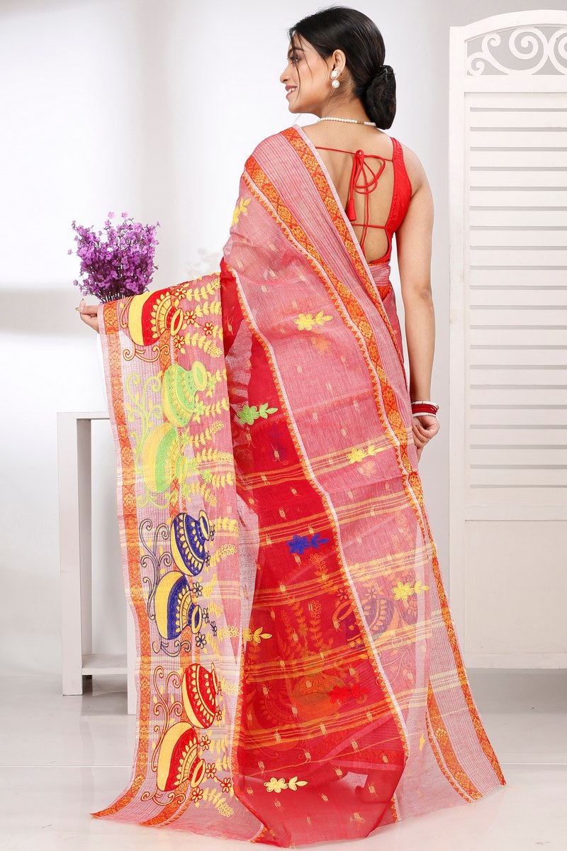 Red Pure Cotton Embi Debdash Ghot Tant Embroidery (1502)