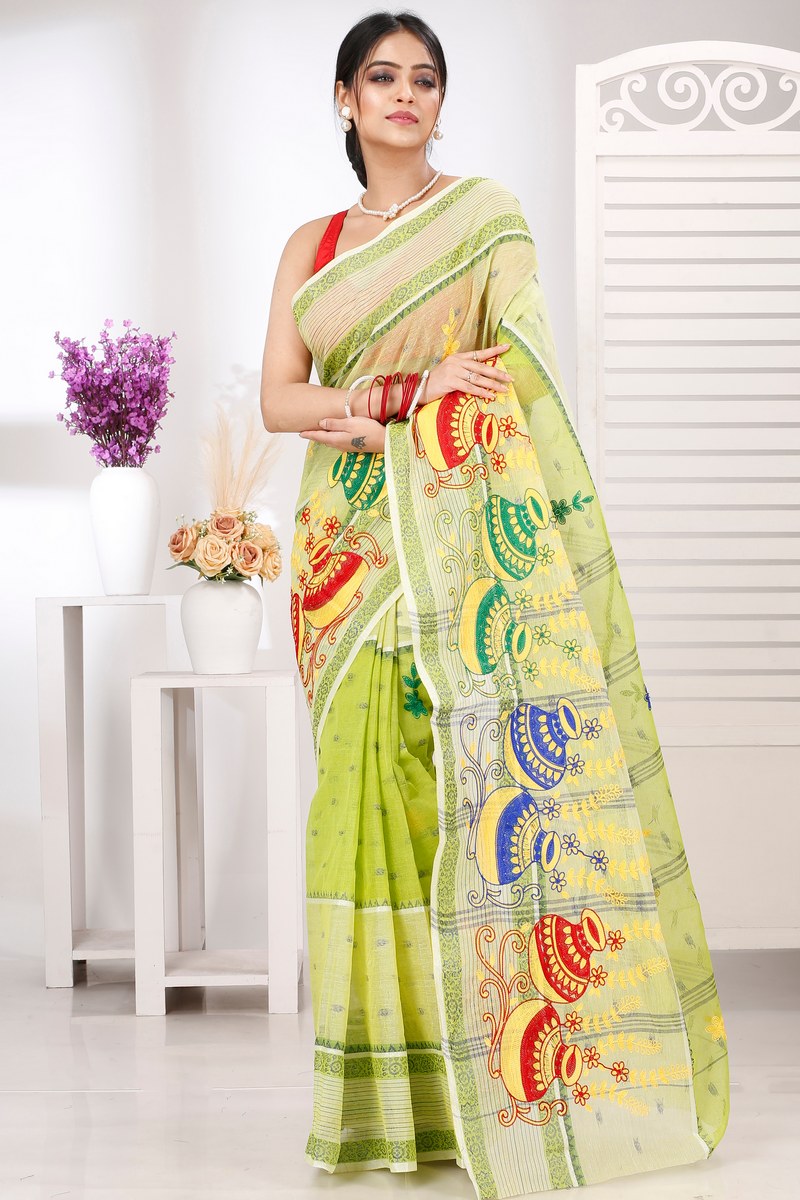 Lime Green Pure Cotton Embi Debdash Ghot Tant Embroidery (1503)