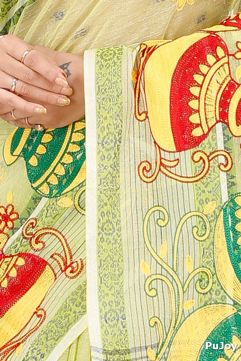 Lime Green Pure Cotton Embi Debdash Ghot Tant Embroidery (1503)
