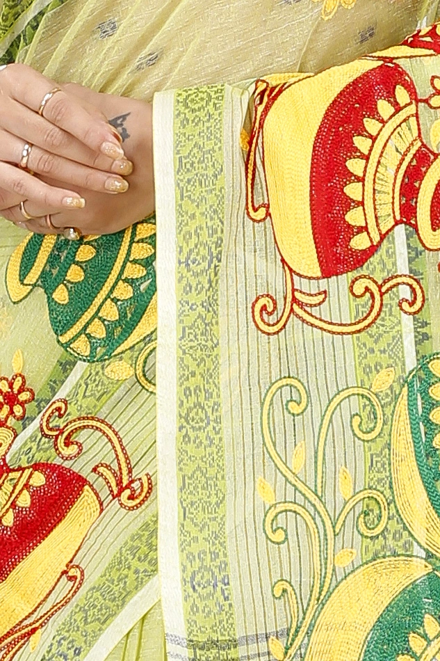 Lime Green Pure Cotton Embi Debdash Ghot Tant Embroidery (1503)