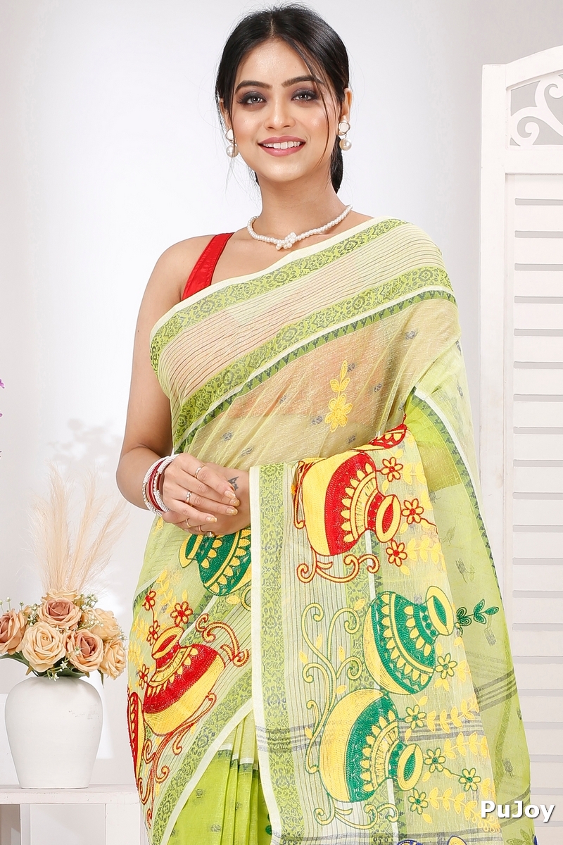 Lime Green Pure Cotton Embi Debdash Ghot Tant Embroidery (1503)