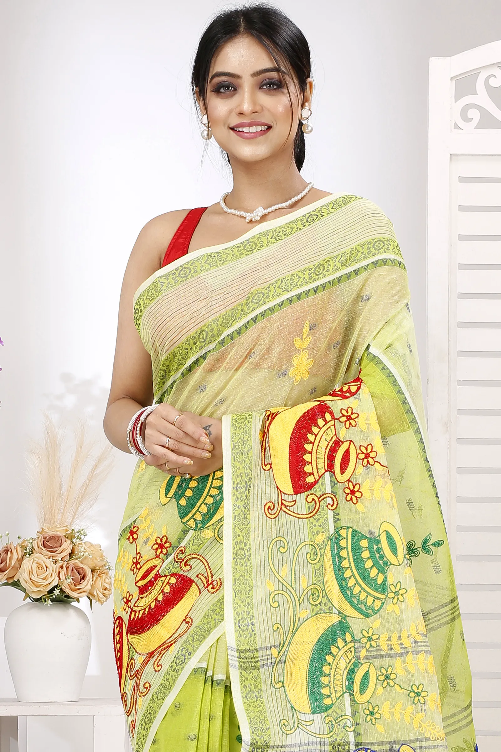 Lime Green Pure Cotton Embi Debdash Ghot Tant Embroidery (1503)
