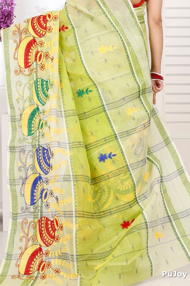 Lime Green Pure Cotton Embi Debdash Ghot Tant Embroidery (1503)