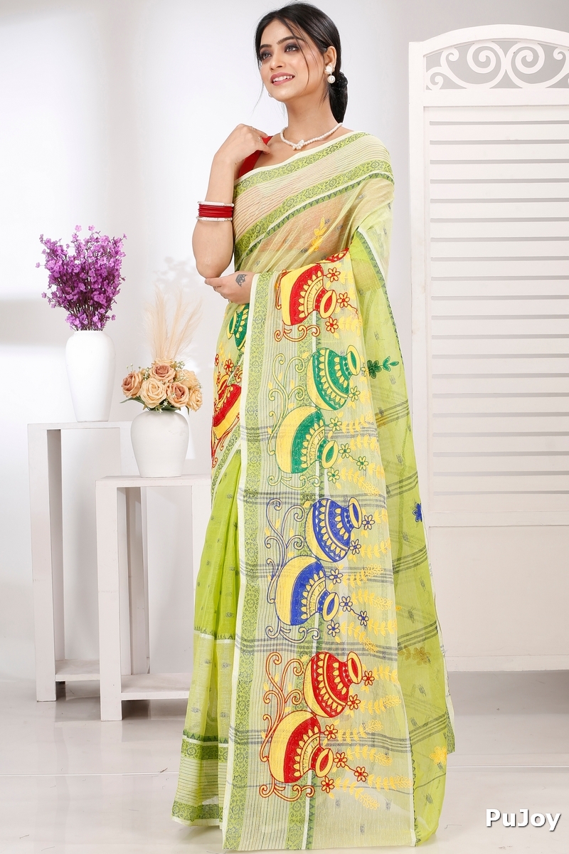 Lime Green Pure Cotton Embi Debdash Ghot Tant Embroidery (1503)