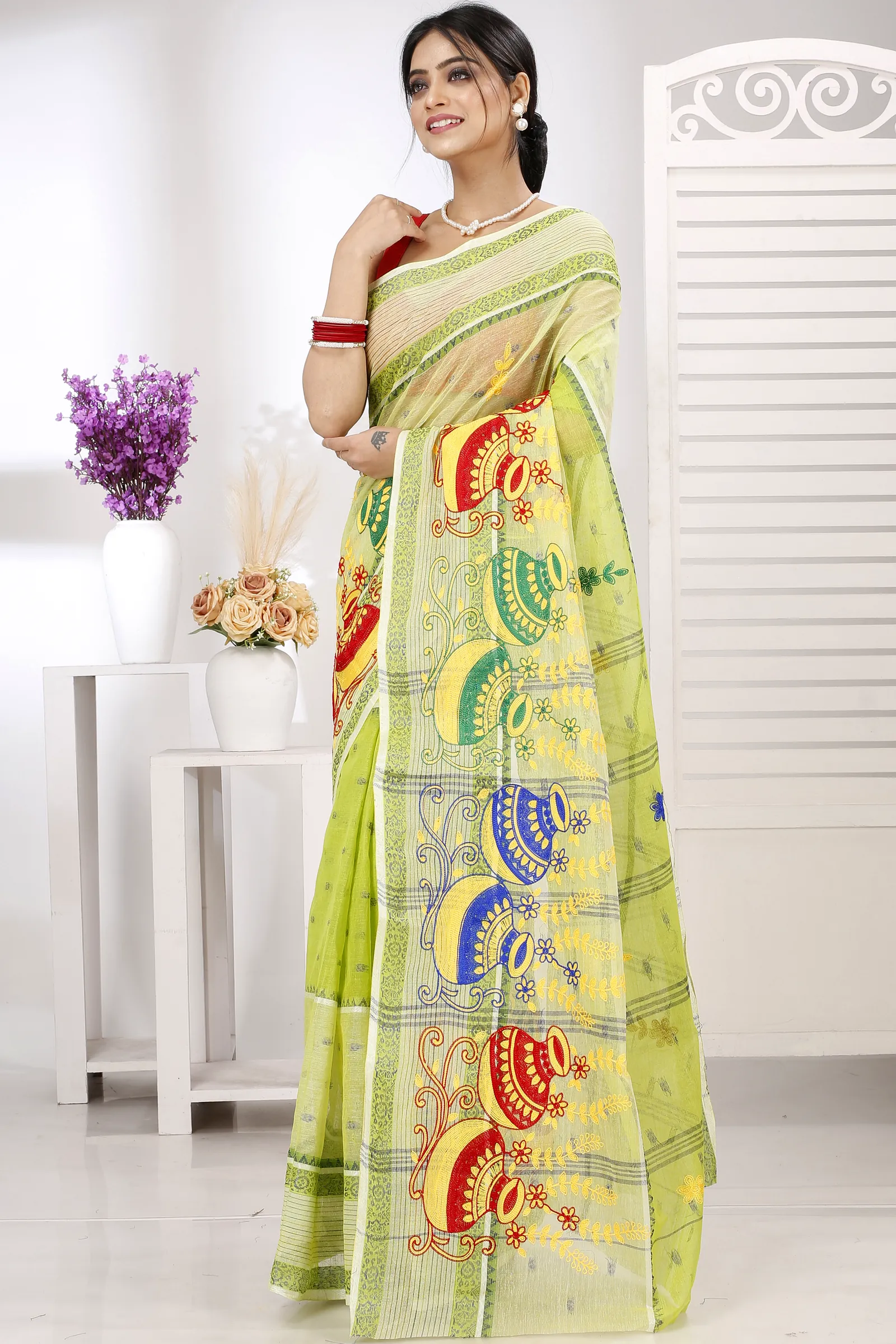 Lime Green Pure Cotton Embi Debdash Ghot Tant Embroidery (1503)