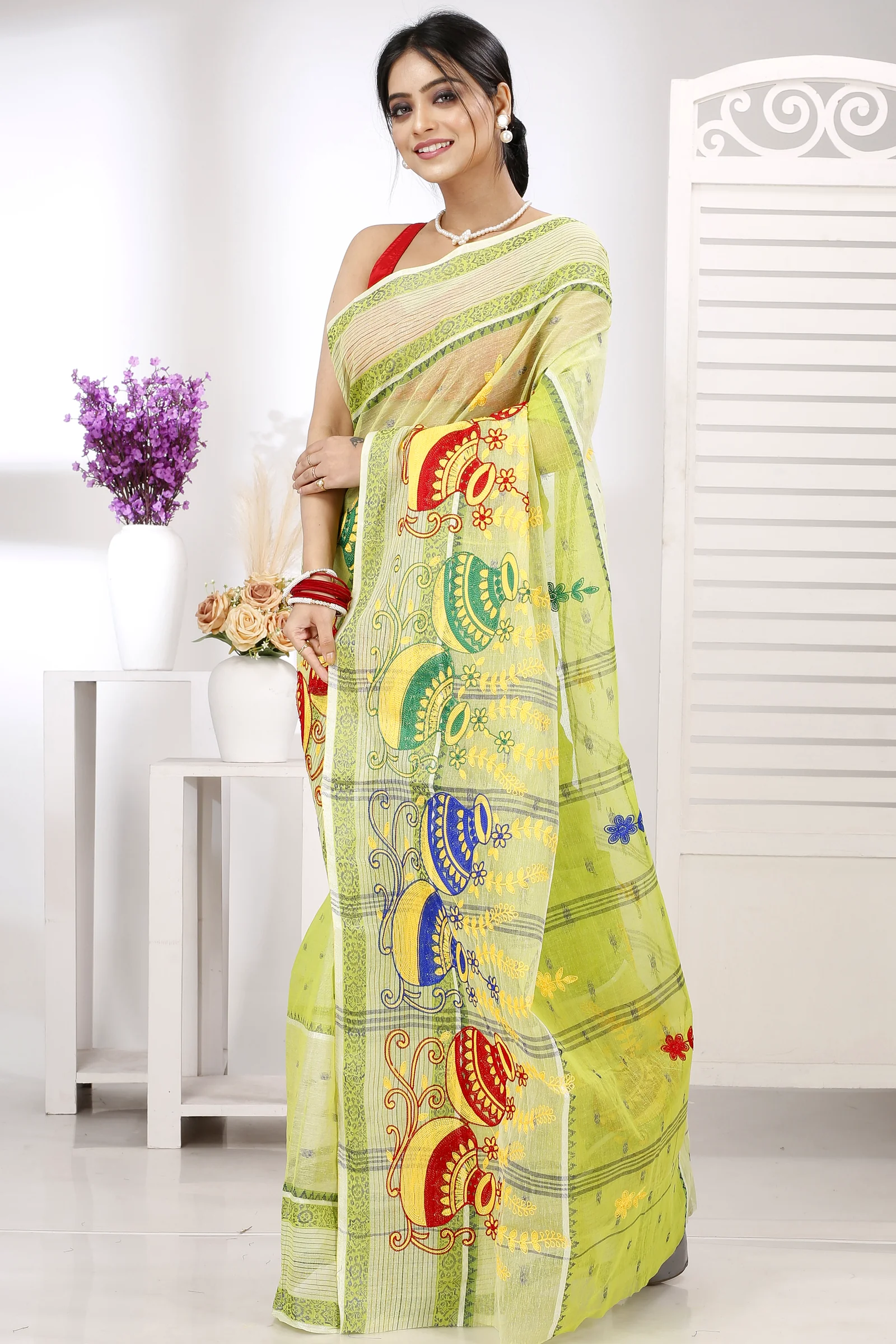 Lime Green Pure Cotton Embi Debdash Ghot Tant Embroidery (1503)