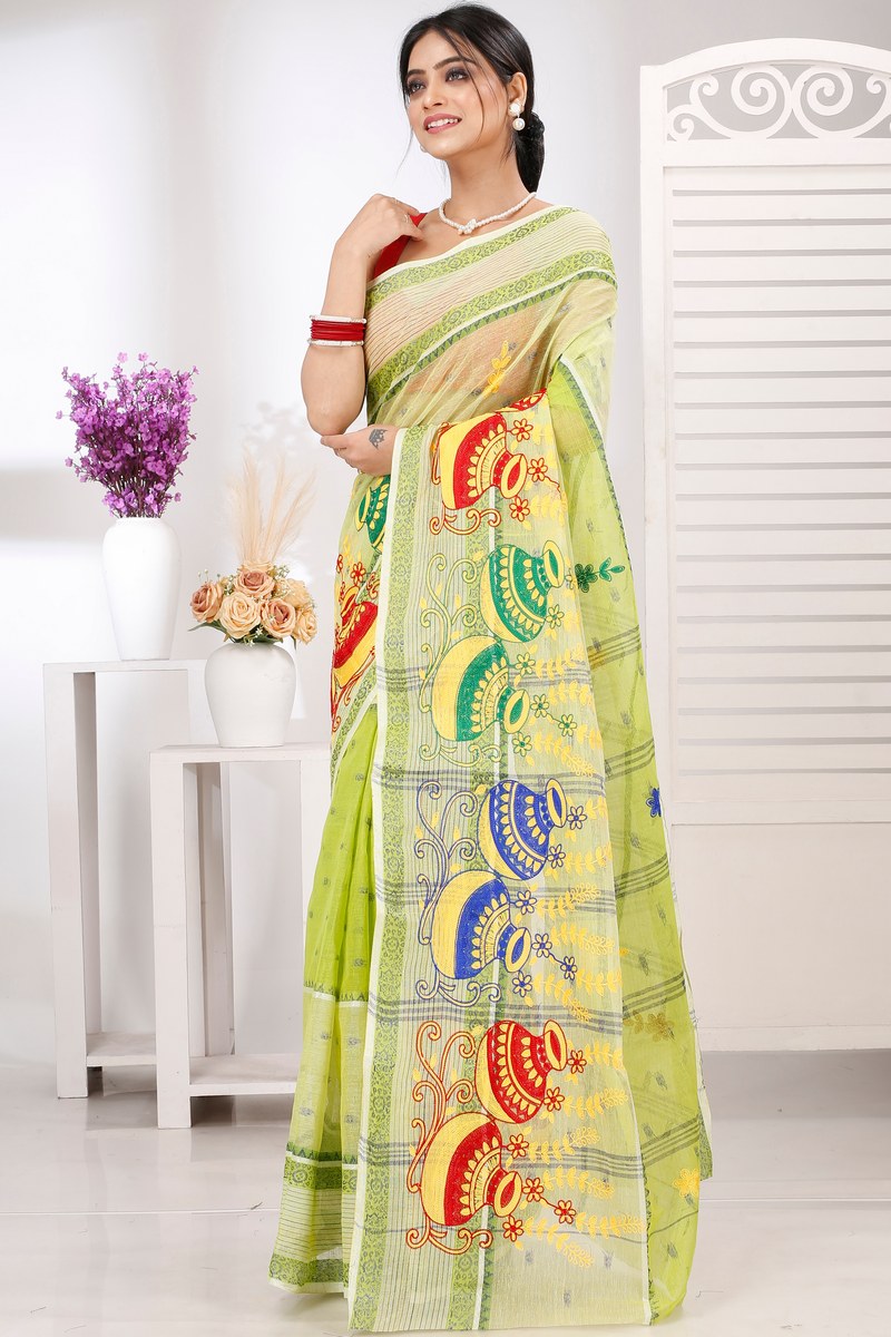 Lime Green Pure Cotton Embi Debdash Ghot Tant Embroidery (1503)
