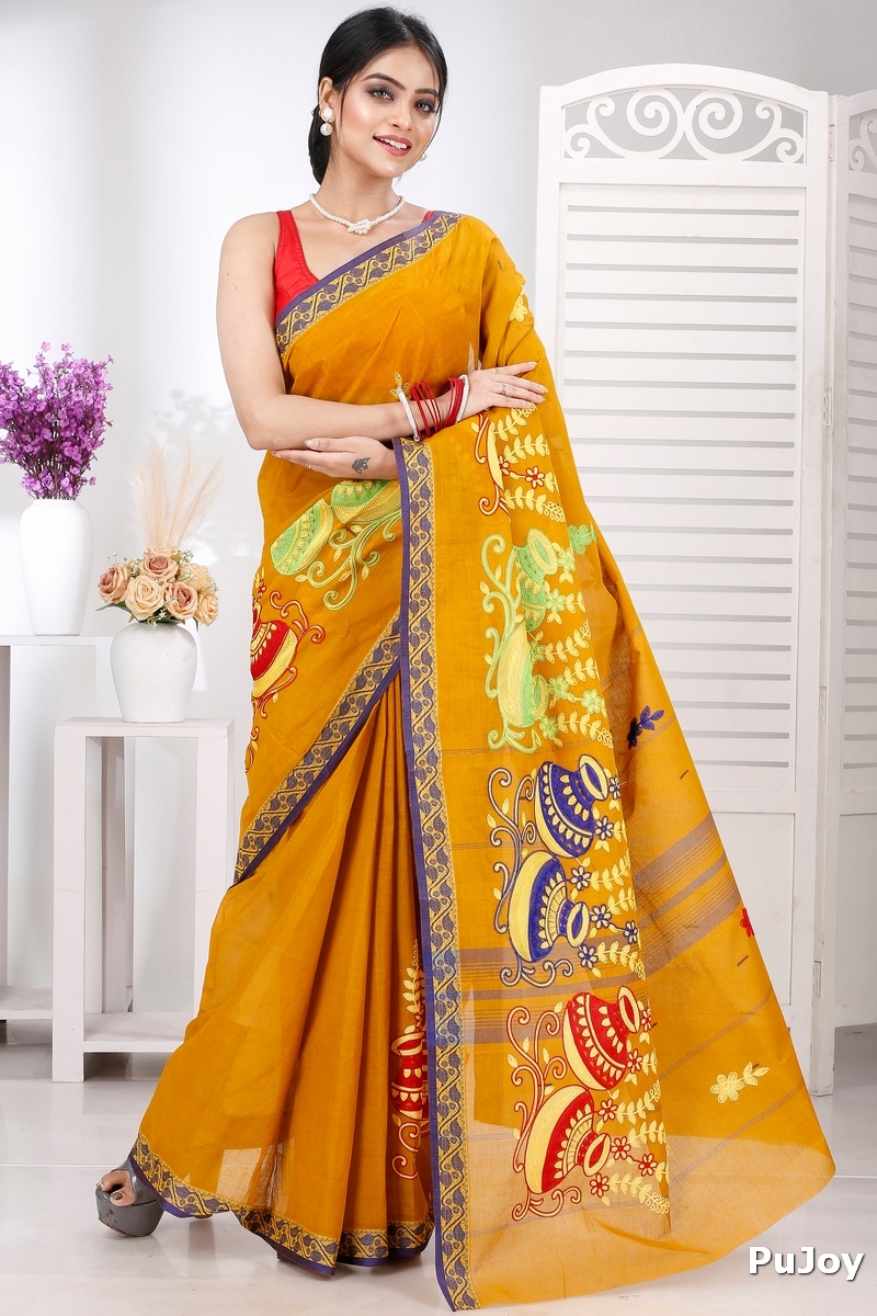 Mustard Yellow Pure Cotton Embi Gaela Ghot Tant Embroidery (1504)