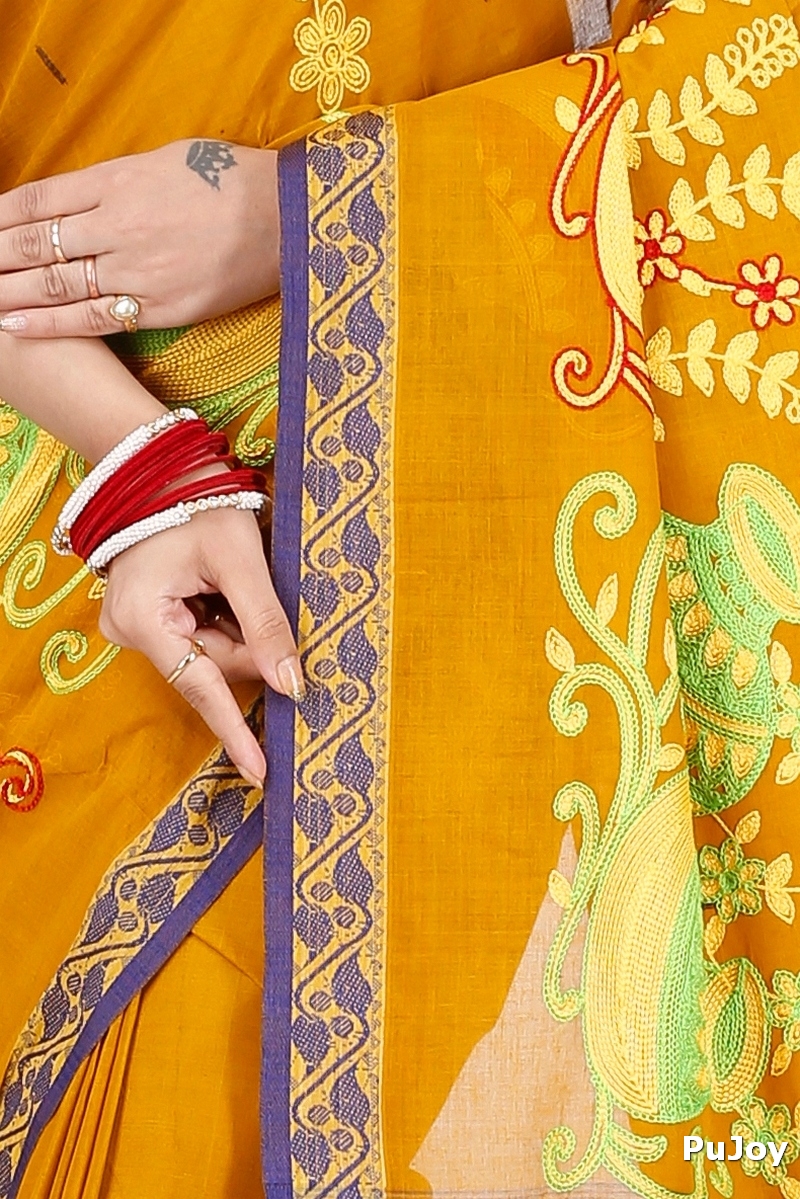 Mustard Yellow Pure Cotton Embi Gaela Ghot Tant Embroidery (1504)