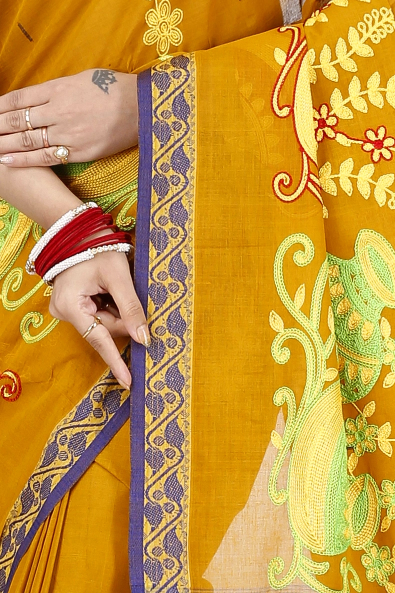 Mustard Yellow Pure Cotton Embi Gaela Ghot Tant Embroidery (1504)