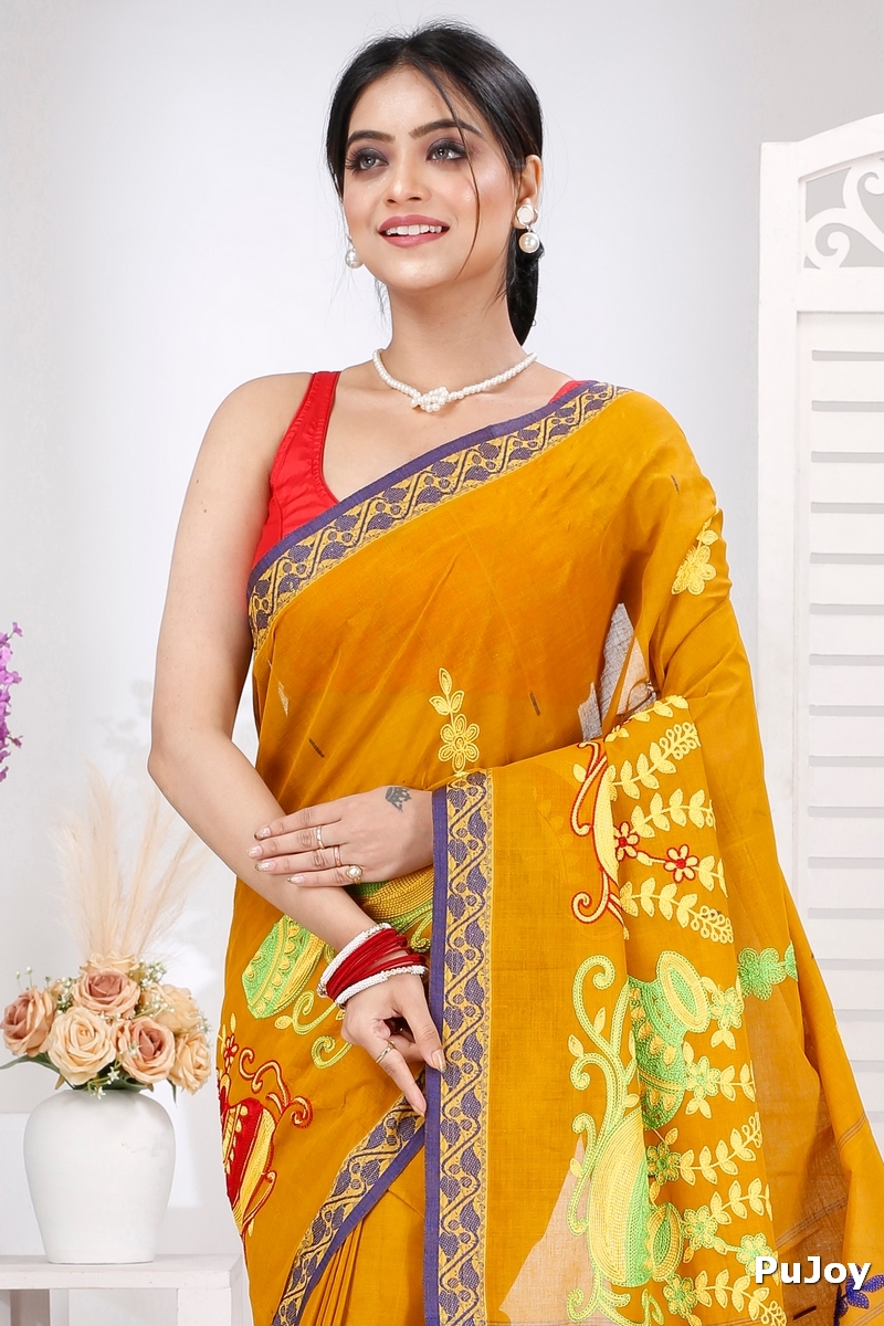 Mustard Yellow Pure Cotton Embi Gaela Ghot Tant Embroidery (1504)