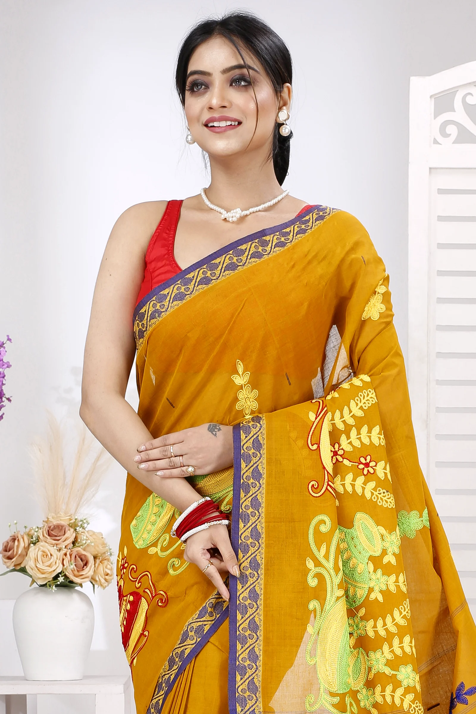 Mustard Yellow Pure Cotton Embi Gaela Ghot Tant Embroidery (1504)