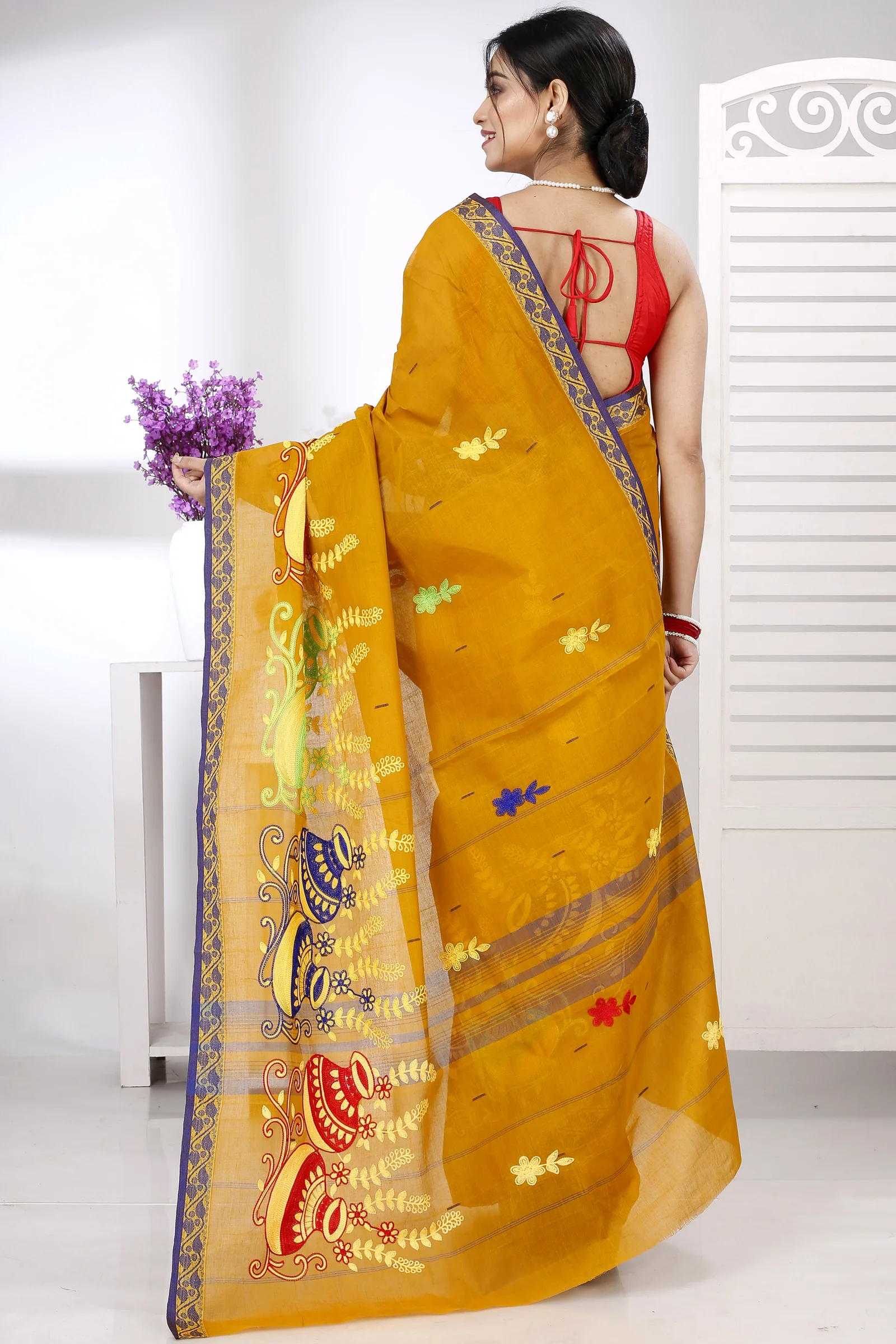 Mustard Yellow Pure Cotton Embi Gaela Ghot Tant Embroidery (1504)