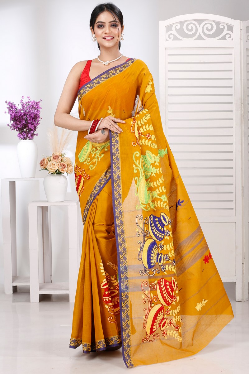 Mustard Yellow Pure Cotton Embi Gaela Ghot Tant Embroidery (1504)