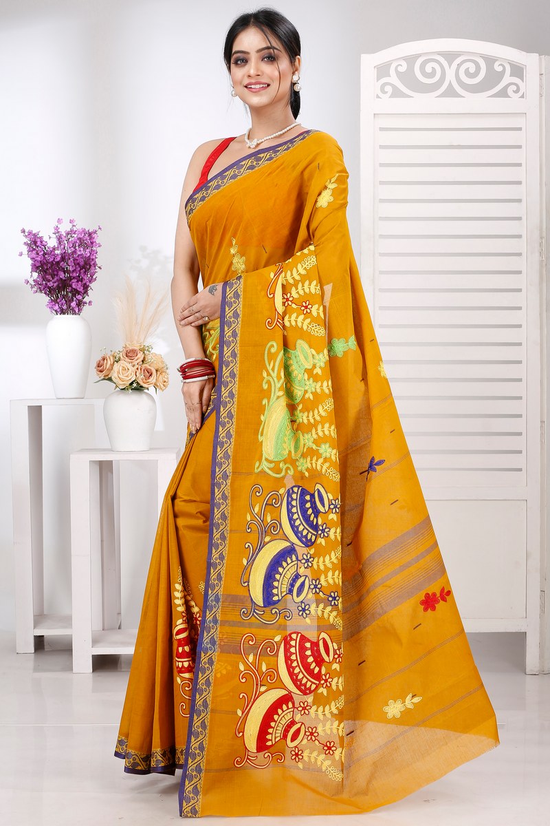 Mustard Yellow Pure Cotton Embi Gaela Ghot Tant Embroidery (1504)