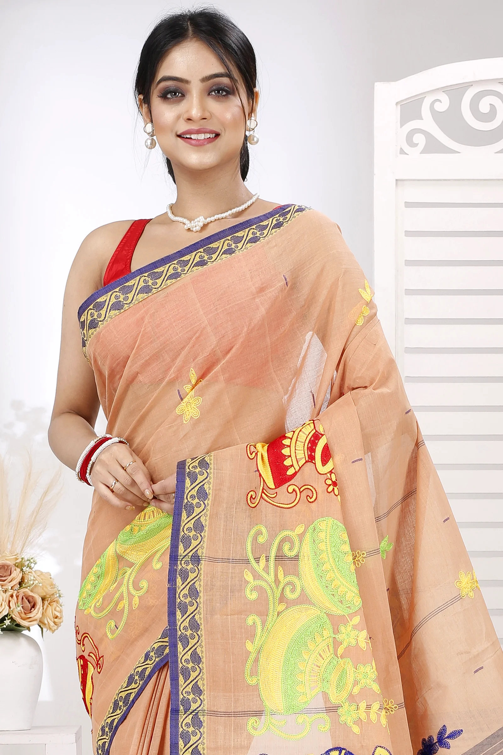 Dark Cream Pure Cotton Embi Gaela Ghot Tant Embroidery (1505)