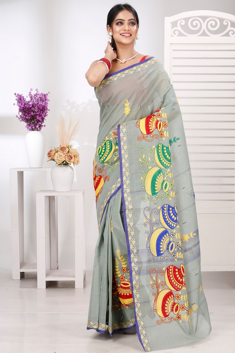 Light Grey Pure Cotton Embi Gaela Ghot Tant Embroidery (1506)