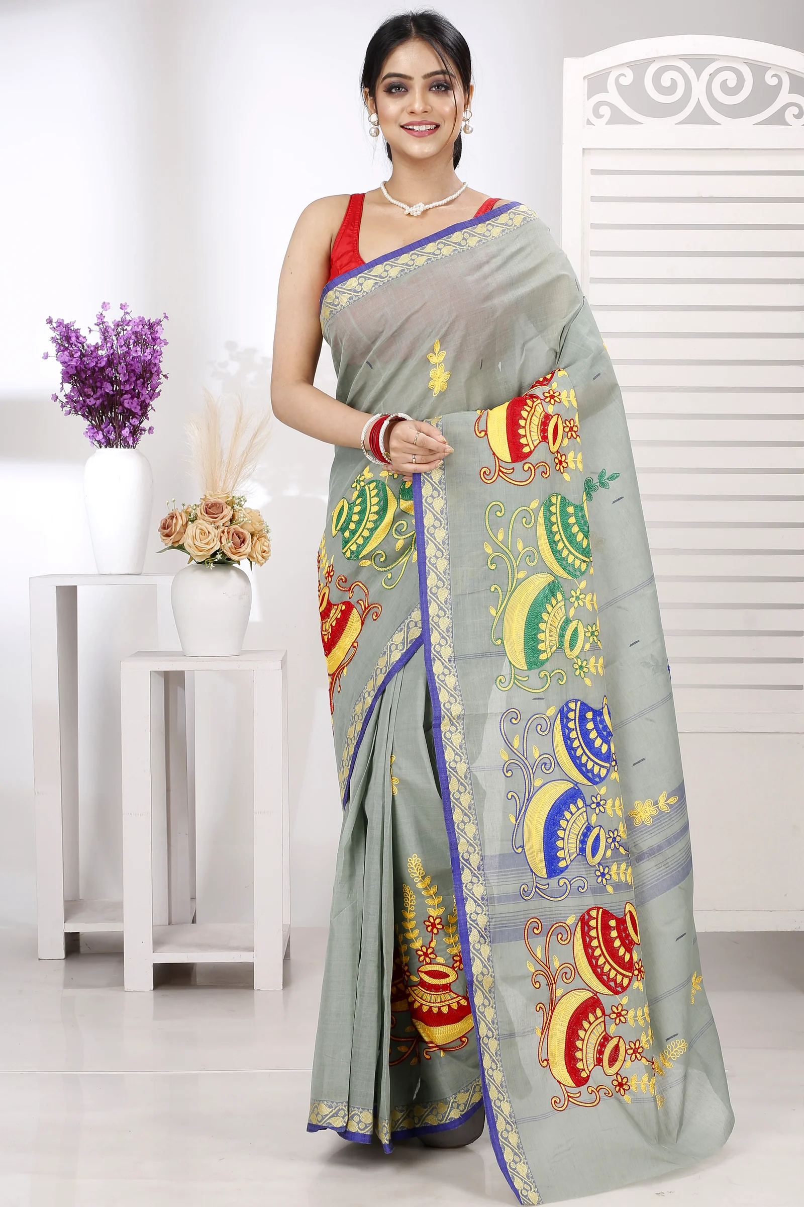 Light Grey Pure Cotton Embi Gaela Ghot Tant Embroidery (1506)
