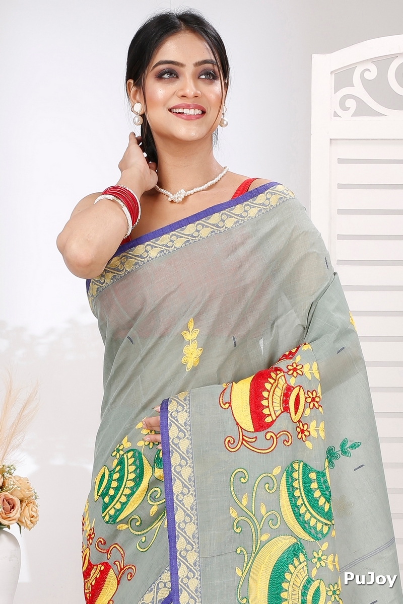 Light Grey Pure Cotton Embi Gaela Ghot Tant Embroidery (1506)