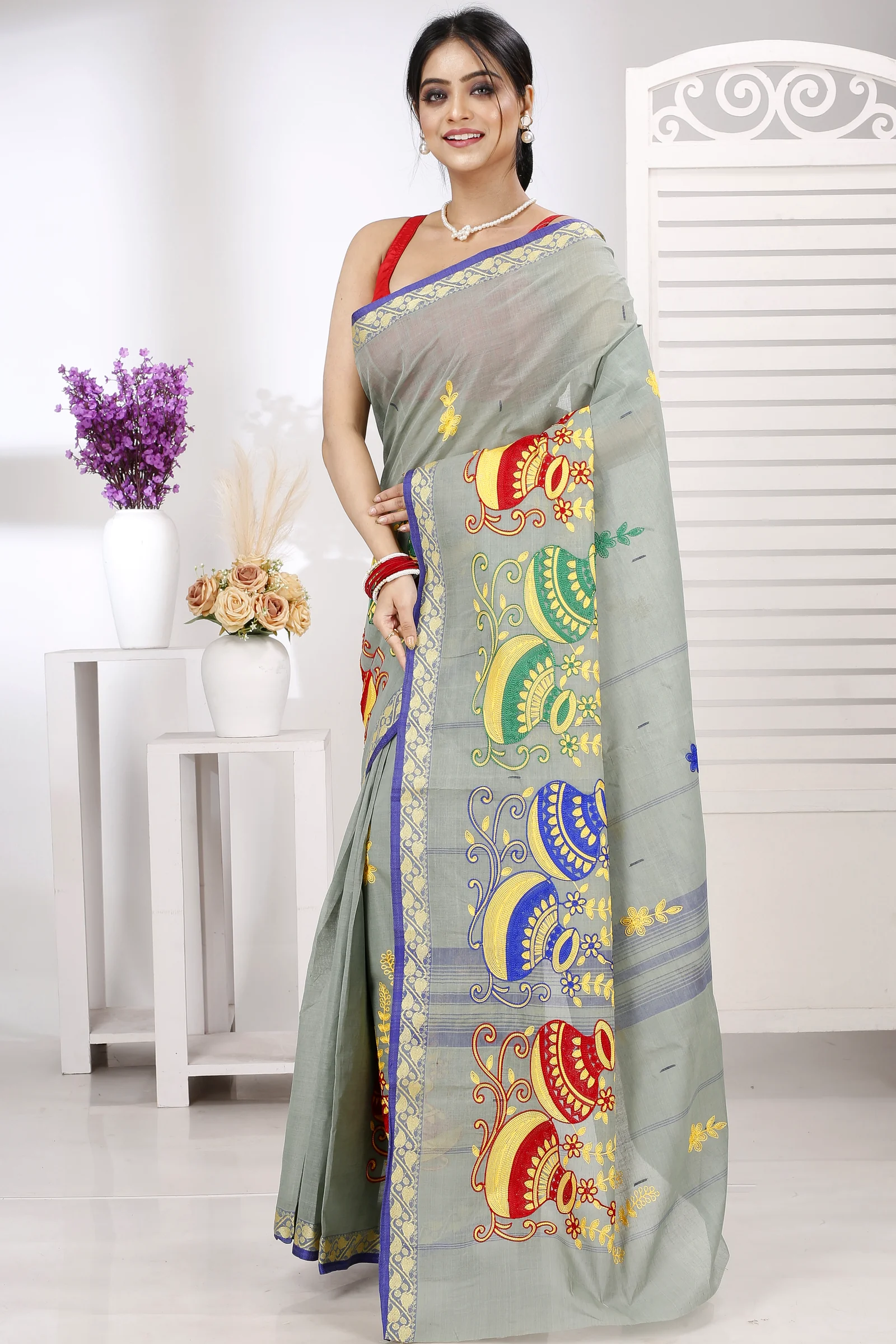 Light Grey Pure Cotton Embi Gaela Ghot Tant Embroidery (1506)