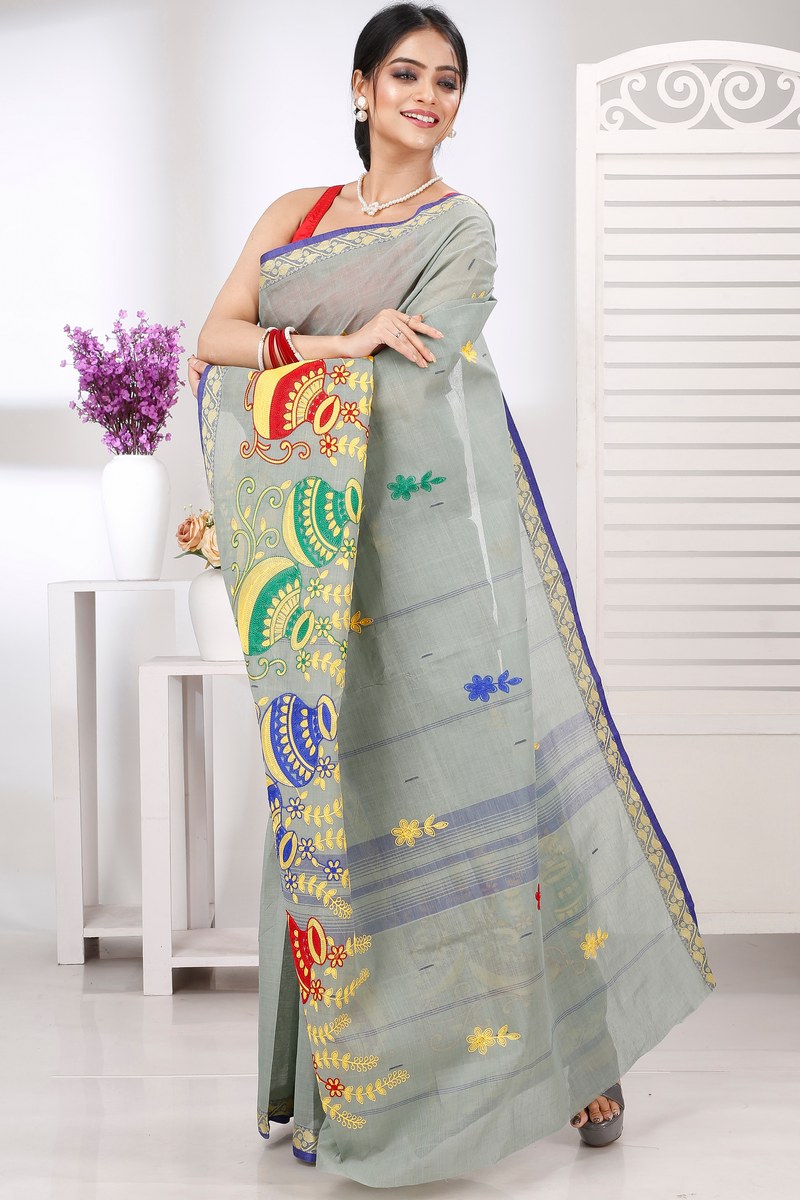 Light Grey Pure Cotton Embi Gaela Ghot Tant Embroidery (1506)