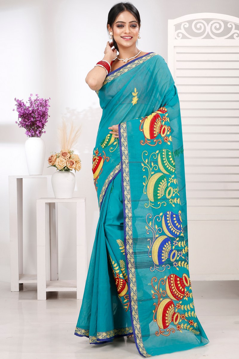 See Green Pure Cotton Embi Gaela Ghot Tant Embroidery (1507)